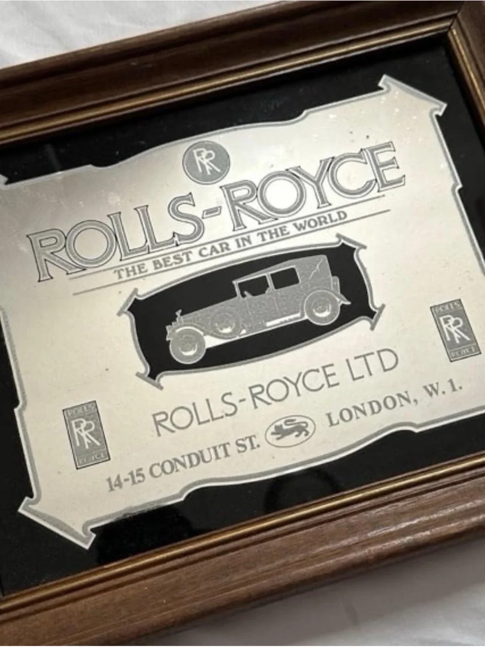Vintage Rolls-Royce Silver Collectible Wall mirror Plaque in Brown Frame